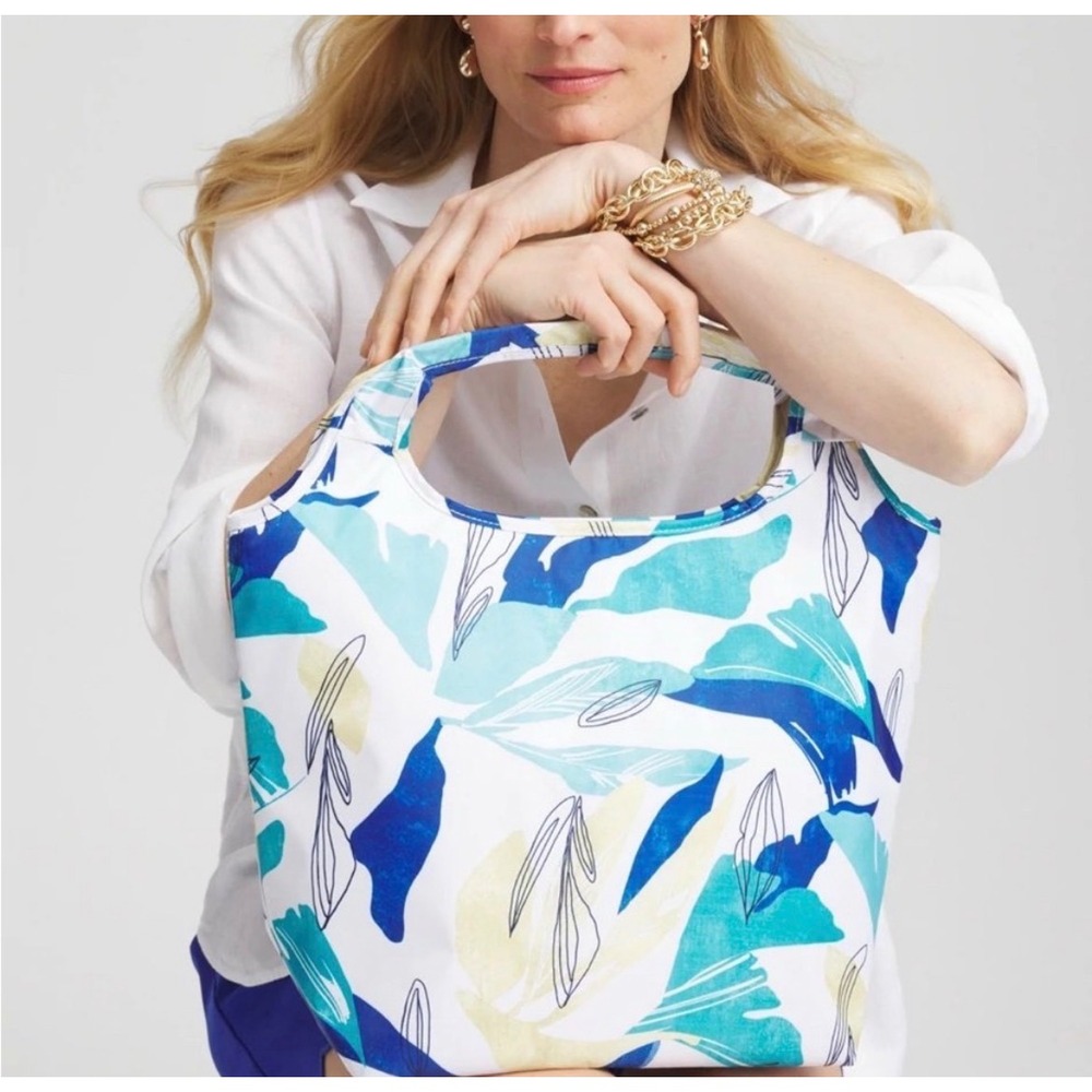 New Chicos Insulated Tote Bag Travel Blue Yellow Tropical Leaf Coastal Beachy